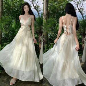 Váy maxi đi biển dáng dài xoắn ngực hở lưng chiết eo tôn dáng sang chảnh