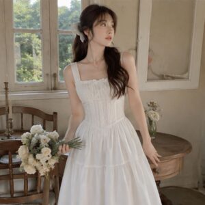 Váy maxi thô trắng nhúm eo ly ngực nữ tính siêu xinh