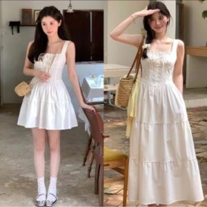 Váy maxi thô trắng nhúm eo ly ngực nữ tính siêu xinh
