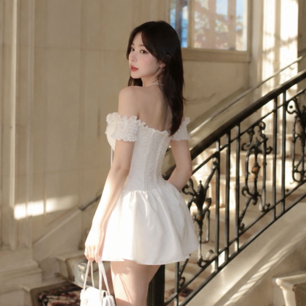 Váy trễ vai gắn nơ có đệm ngực chun lưng kèm quần bảo hộ siêu xinh