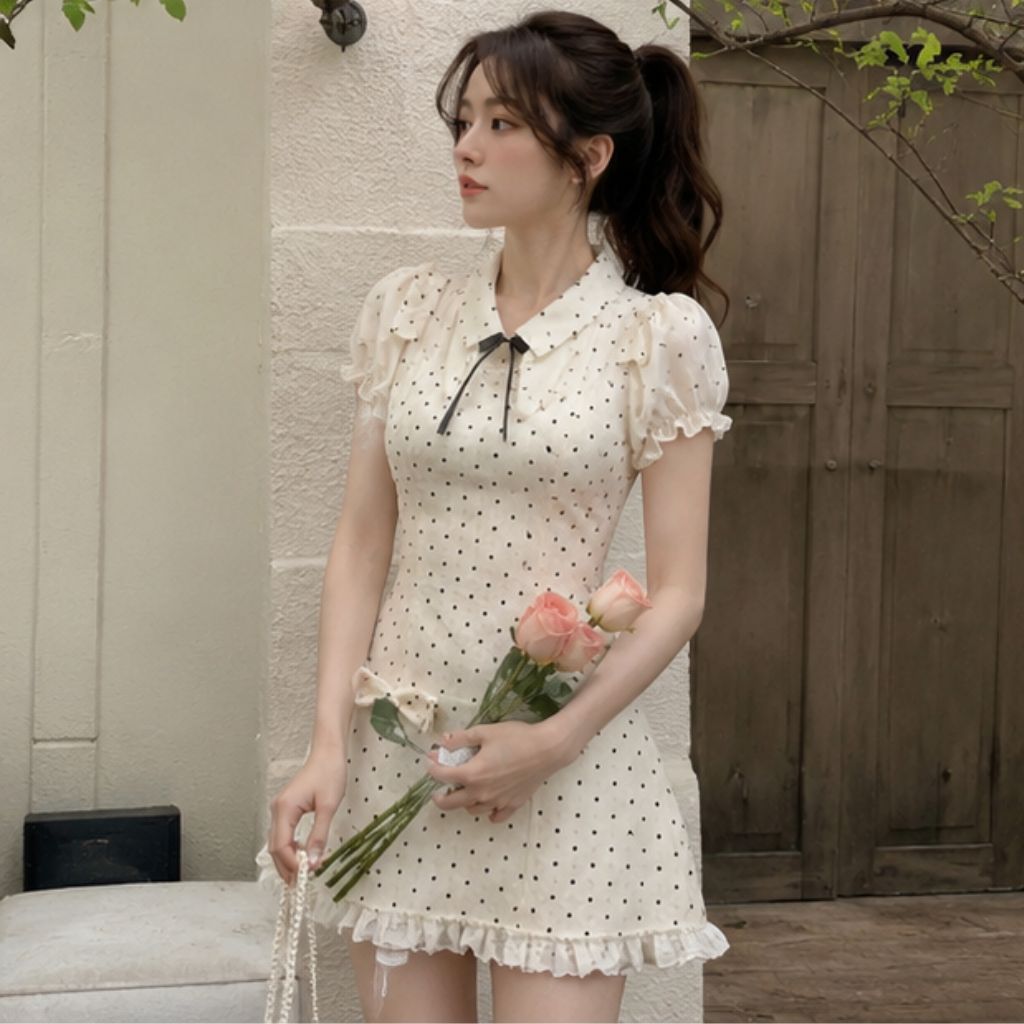 Váy yếm chấm bi mix sơ mi may liền đính nơ tiểu thư dễ thương phong cách Hàn Quốc