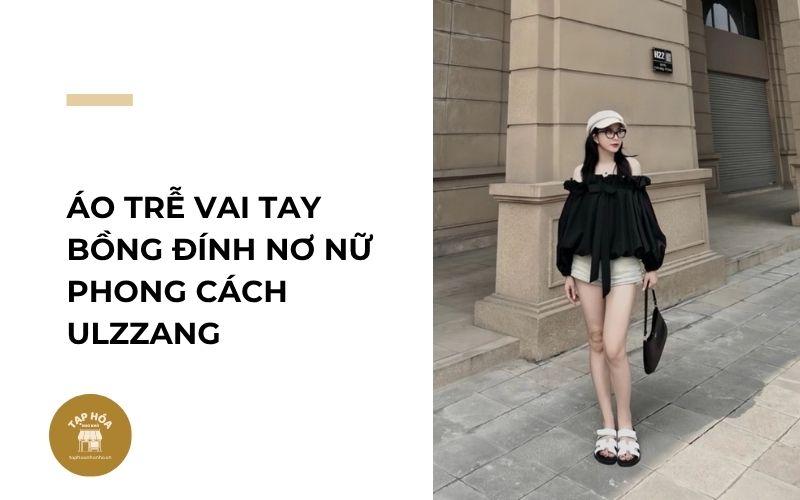 Áo trễ vai tay bồng đính nơ nữ phong cách Ulzzang