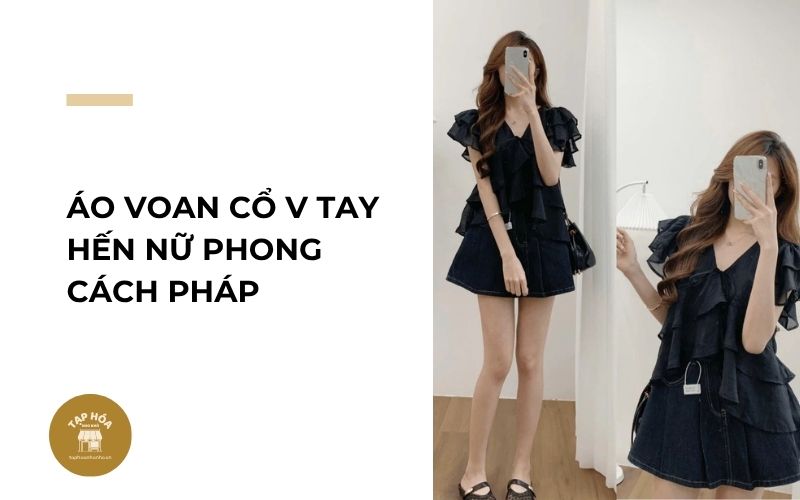 Áo voan cổ V tay hến nữ phong cách Pháp