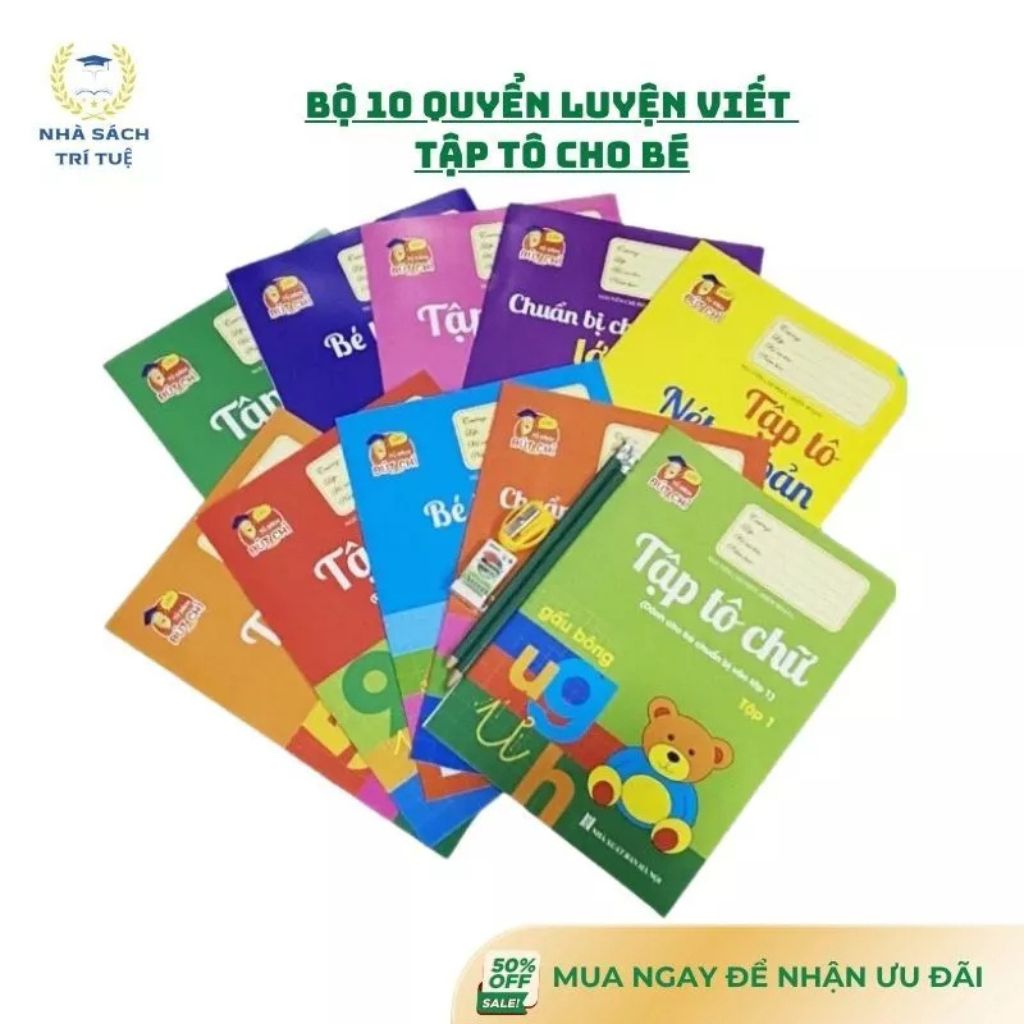 Bộ 10 quyển luyện viết tập tô chữ cho bé mẫu giáo tặng bút chì và gọt tẩy