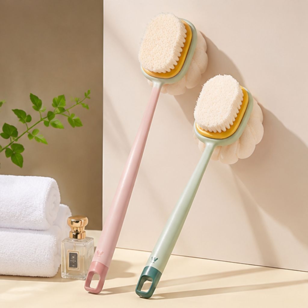 Bông tắm chà lưng 2 mặt cán dài kèm bàn chải tẩy tế bào chết mềm mịn