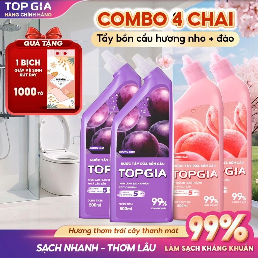 Combo 4 chai nước tẩy bồn cầu TOPGIA 500ml tặng giấy vệ sinh hương nho đào