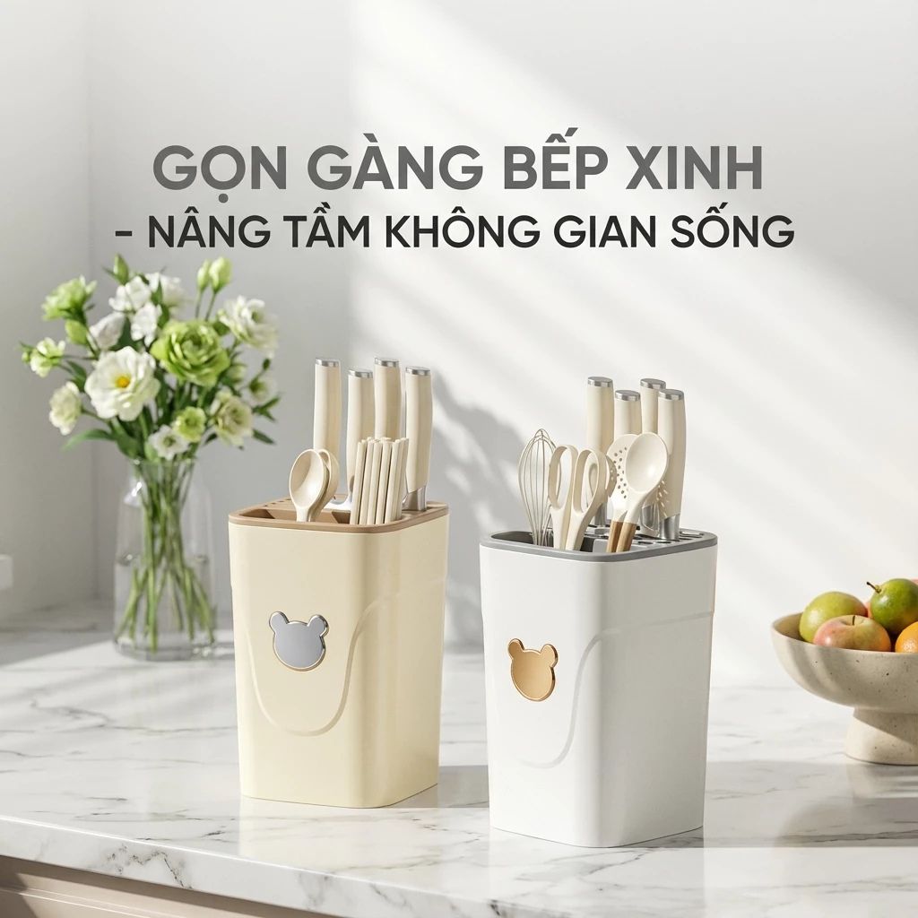 Hộp đựng dao kéo thìa đũa nhà bếp đa năng có đáy thoát nước chống ẩm mốc - Ảnh 4