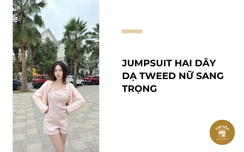 Jumpsuit hai dây dạ tweed nữ sang trọng