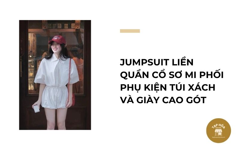 Jumpsuit liền quần cổ sơ mi phối phụ kiện túi xách và giày cao gót