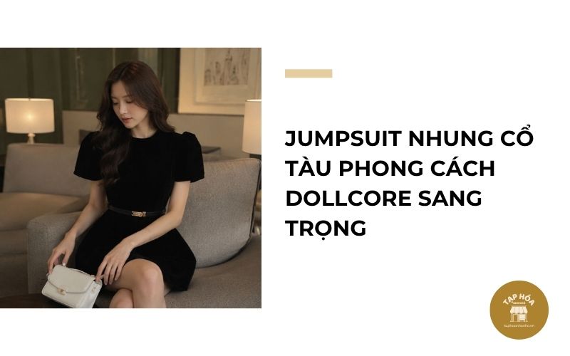 Jumpsuit nhung cổ tàu phong cách Dollcore sang trọng