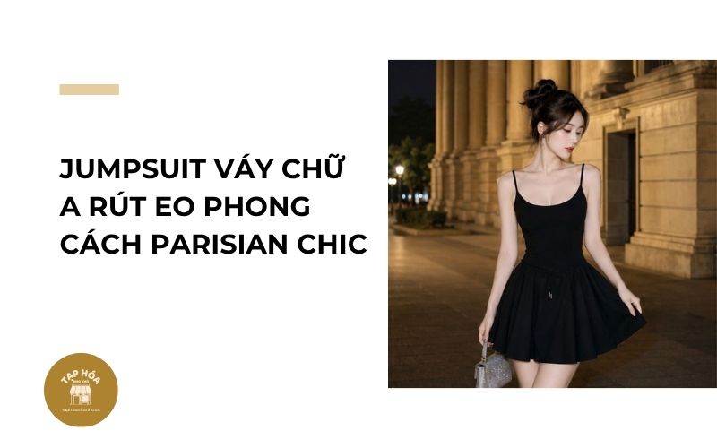 Jumpsuit váy chữ A rút eo phong cách Parisian Chic