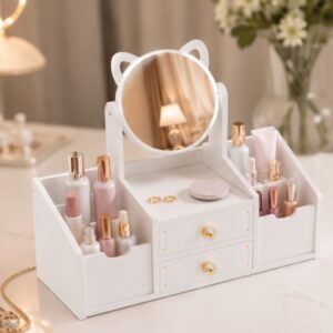 Kệ đựng mỹ phẩm có gương để bàn mini gỗ foam nhiều ngăn