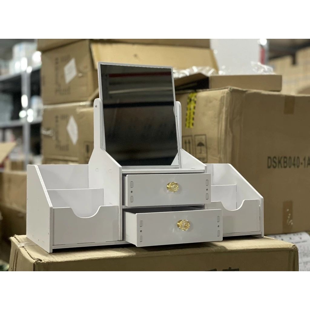 Kệ đựng mỹ phẩm có gương để bàn mini gỗ foam nhiều ngăn - Ảnh 3
