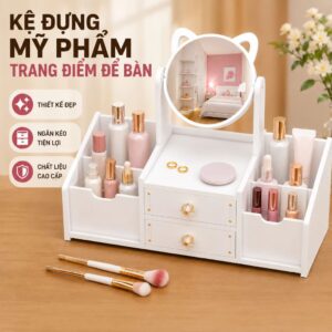 Kệ đựng mỹ phẩm có gương để bàn mini gỗ foam nhiều ngăn