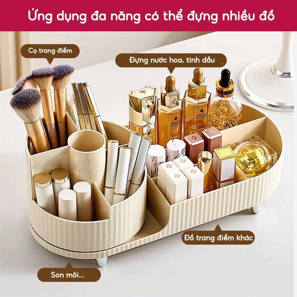 Kệ đựng mỹ phẩm để bàn xoay 360 độ bằng nhựa PET đa năng có nhiều ngăn - Ảnh 2