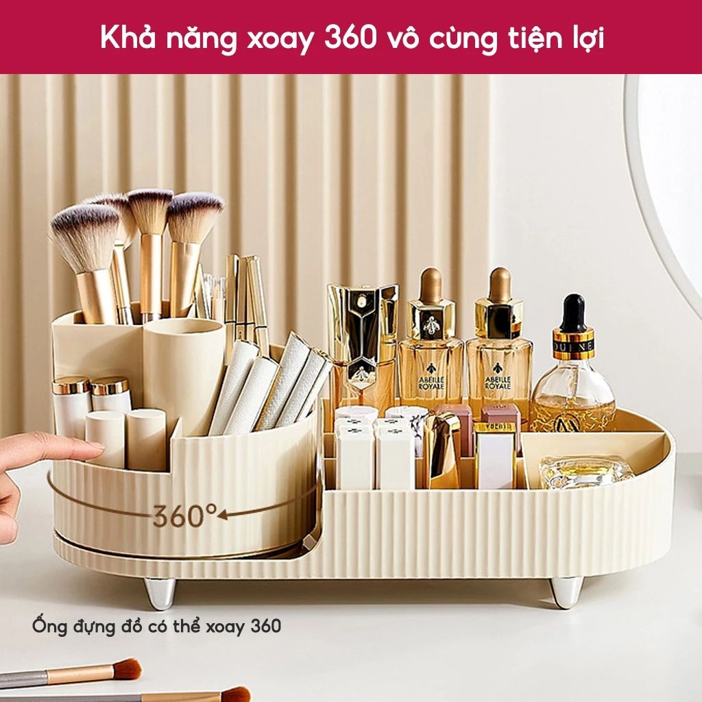 Kệ đựng mỹ phẩm để bàn xoay 360 độ bằng nhựa PET đa năng có nhiều ngăn - Ảnh 3