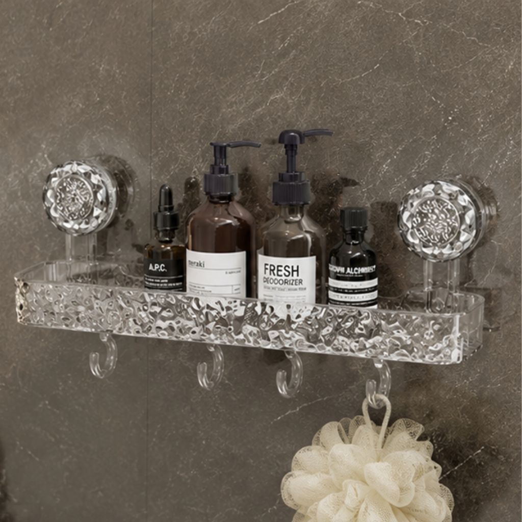 Kệ nhà tắm hút chân không Acrylic JYoohome dán tường kèm móc treo đa năng