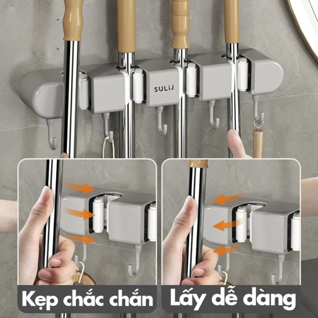 Kẹp treo chổi dán tường TORO kèm 5 móc chịu lực giá treo đa năng - Ảnh 2