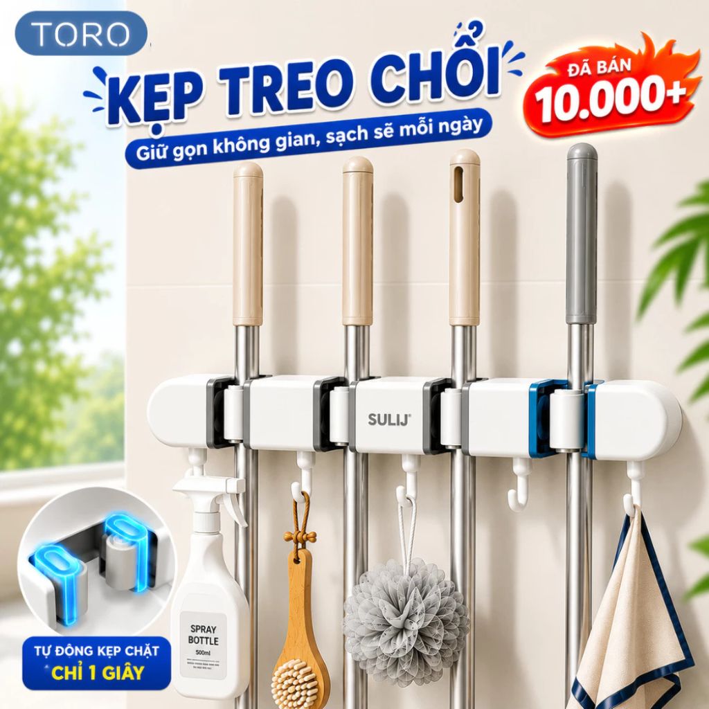 Kẹp treo chổi dán tường TORO kèm 5 móc chịu lực giá treo đa năng