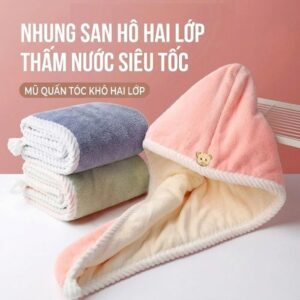 Khăn quấn tóc siêu thấm hút 2 lớp đính gấu 40x60cm mềm mại
