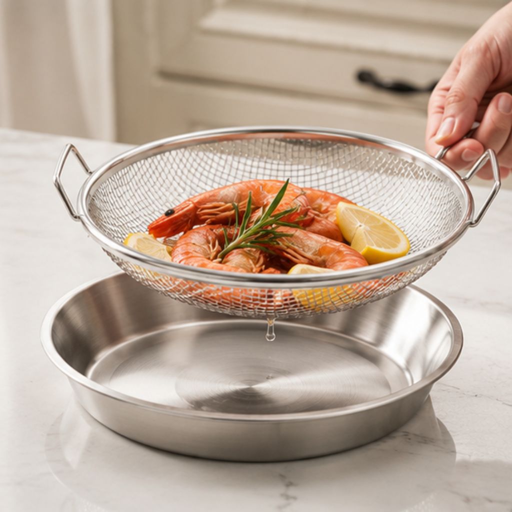 Khay inox 304 kèm vỉ lưới lọc dầu 22cm loại bỏ dầu thừa hiệu quả - Ảnh 2