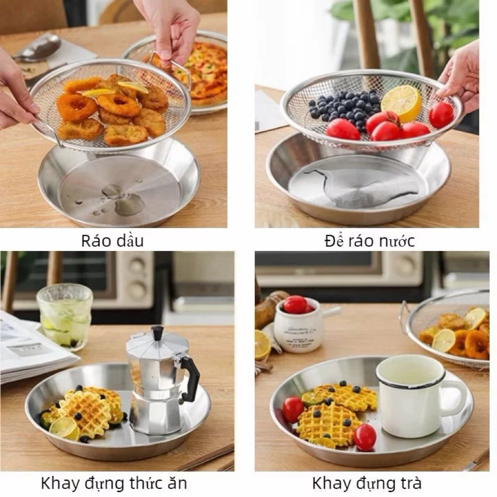 Khay inox 304 kèm vỉ lưới lọc dầu 22cm loại bỏ dầu thừa hiệu quả - Ảnh 2