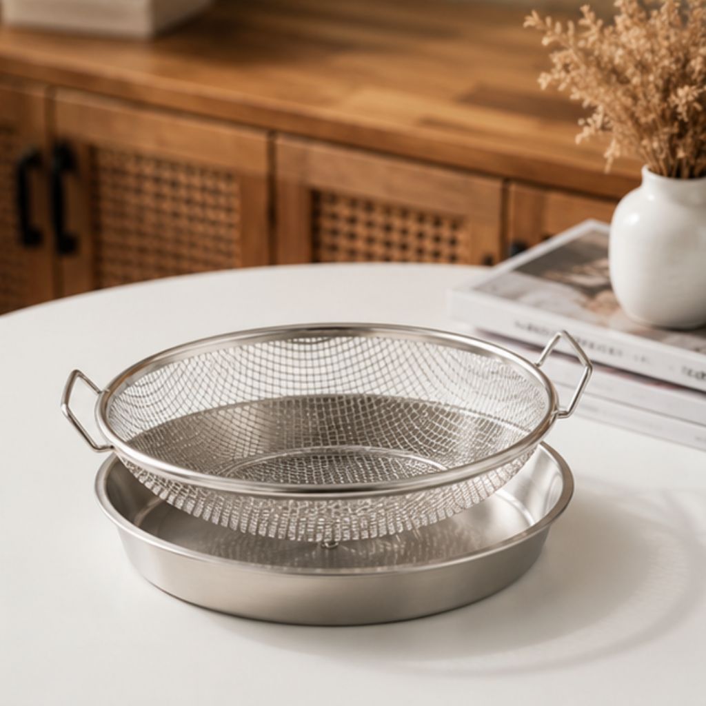 Khay inox 304 kèm vỉ lưới lọc dầu 22cm loại bỏ dầu thừa hiệu quả - Ảnh 4