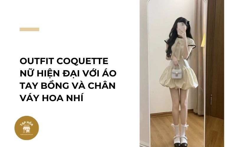 Outfit Coquette nữ hiện đại với áo tay bồng và chân váy hoa nhí