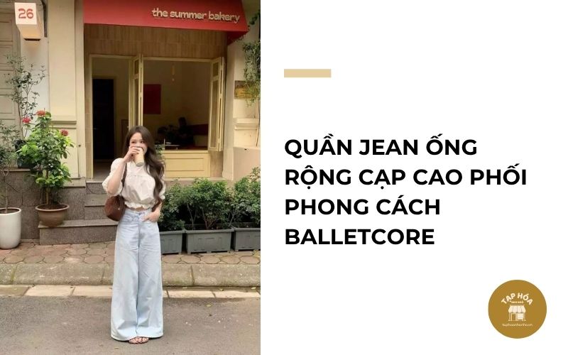Quần jean ống rộng cạp cao phối phong cách Balletcore