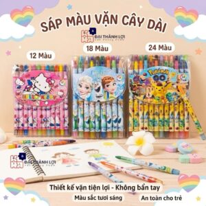 Sáp vặn Rolling Crayon 12/18/24 màu thân dài cho bé, bút sáp màu vặn họa tiết đáng yêu
