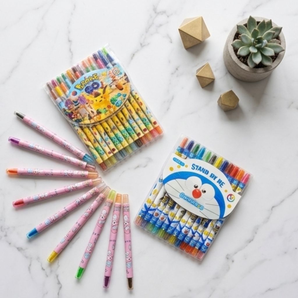 Sáp vặn Rolling Crayon 12/18/24 màu thân dài cho bé, bút sáp màu vặn họa tiết đáng yêu