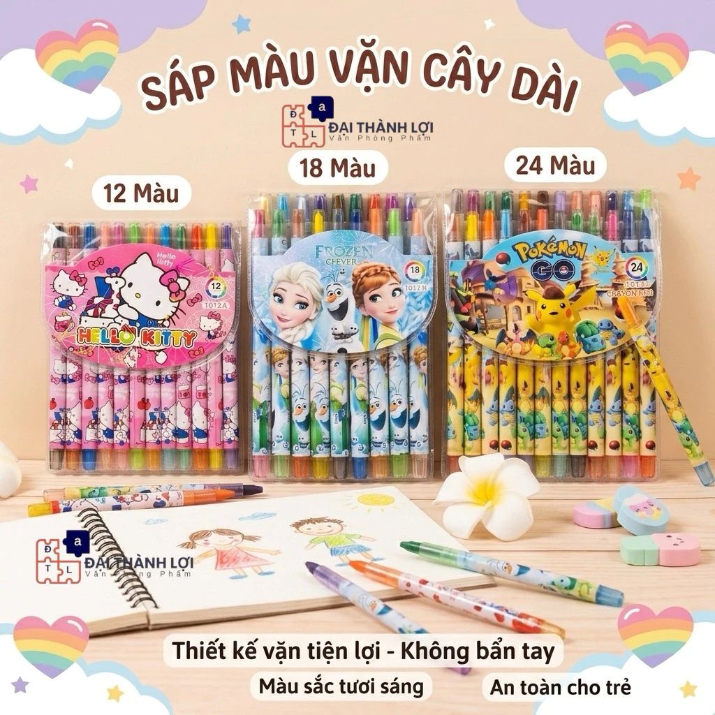 Sáp vặn Rolling Crayon 12/18/24 màu thân dài cho bé, bút sáp màu vặn họa tiết đáng yêu
