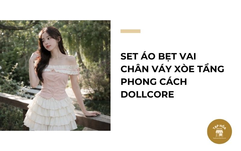 Set áo bẹt vai chân váy xòe tầng phong cách Dollcore