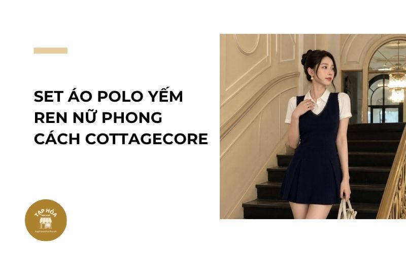 Set áo polo yếm ren nữ phong cách Cottagecore