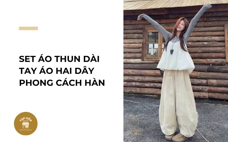 Set áo thun dài tay áo hai dây phong cách Hàn