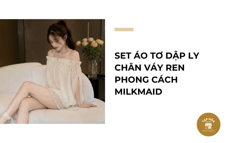 Set áo tơ dập ly chân váy ren phong cách Milkmaid