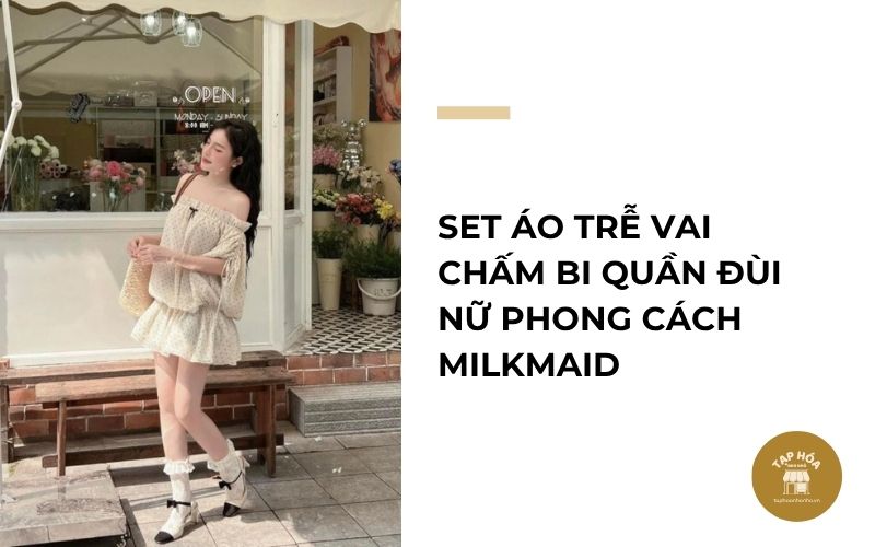 Set áo trễ vai chấm bi quần đùi nữ phong cách Milkmaid