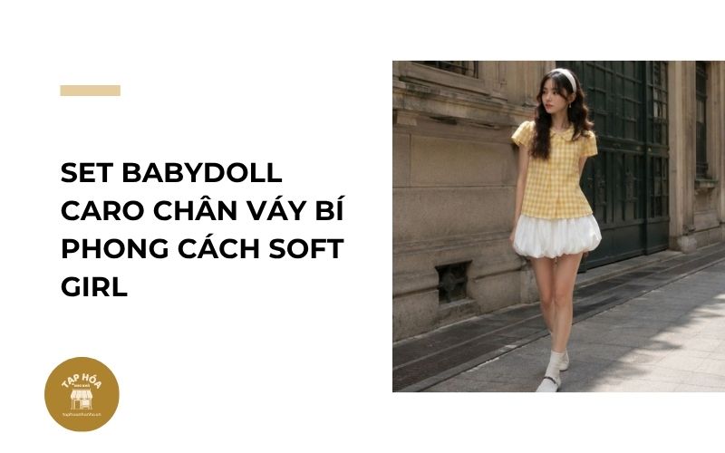 Set babydoll caro chân váy bí phong cách Soft Girl