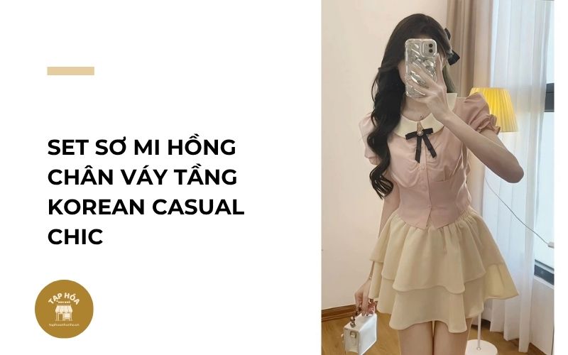 Set sơ mi hồng chân váy tầng Korean Casual Chic