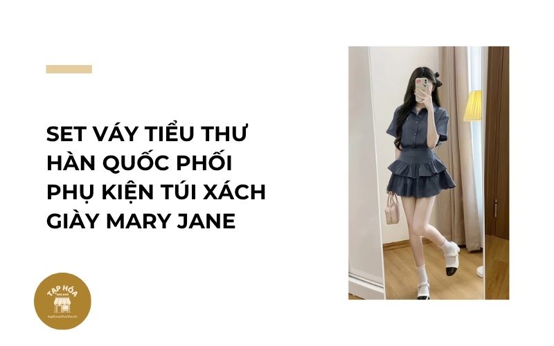Set váy tiểu thư Hàn Quốc phối phụ kiện túi xách giày Mary Jane