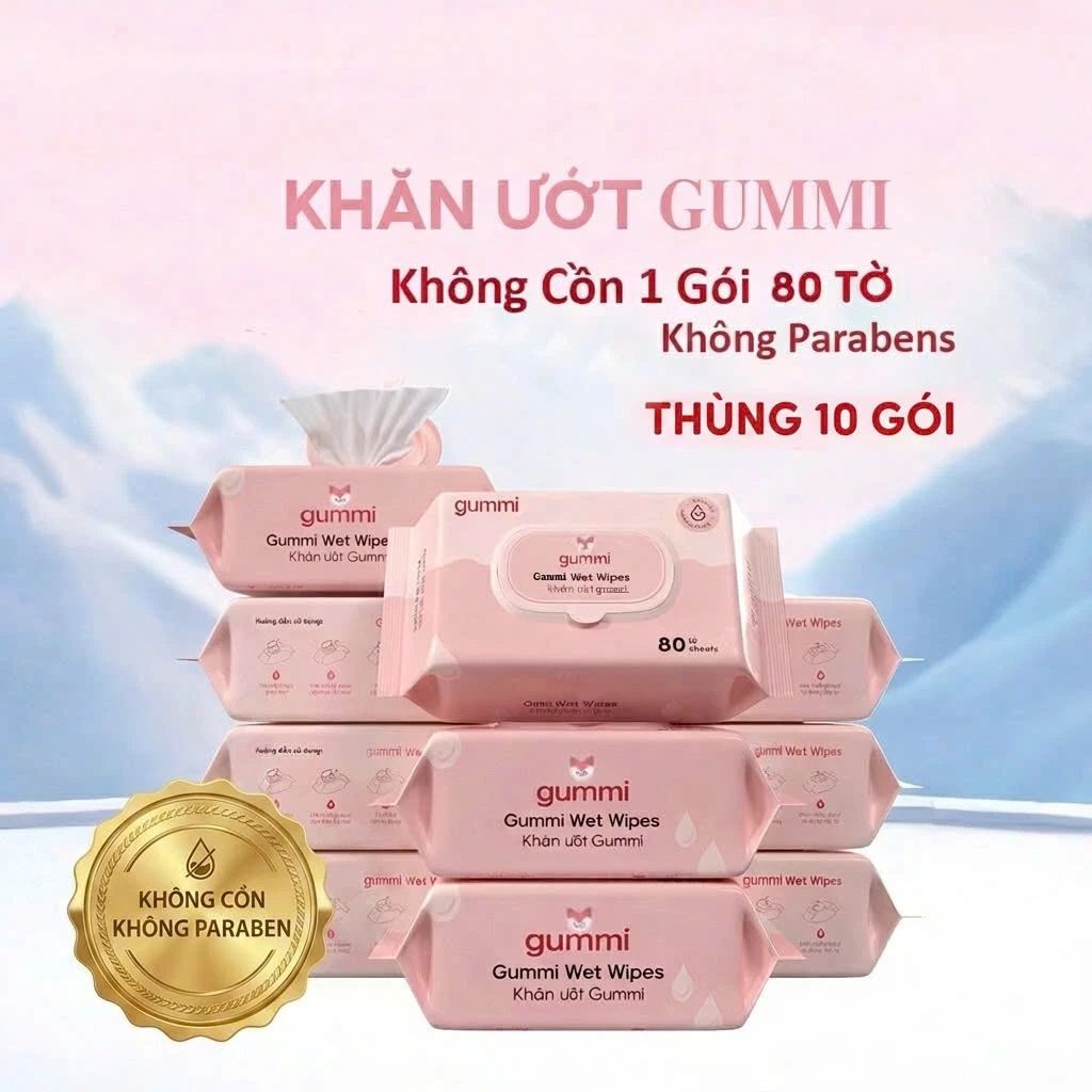 Thùng 10 gói khăn ướt Gummi không cồn không Parabens 80 tờ