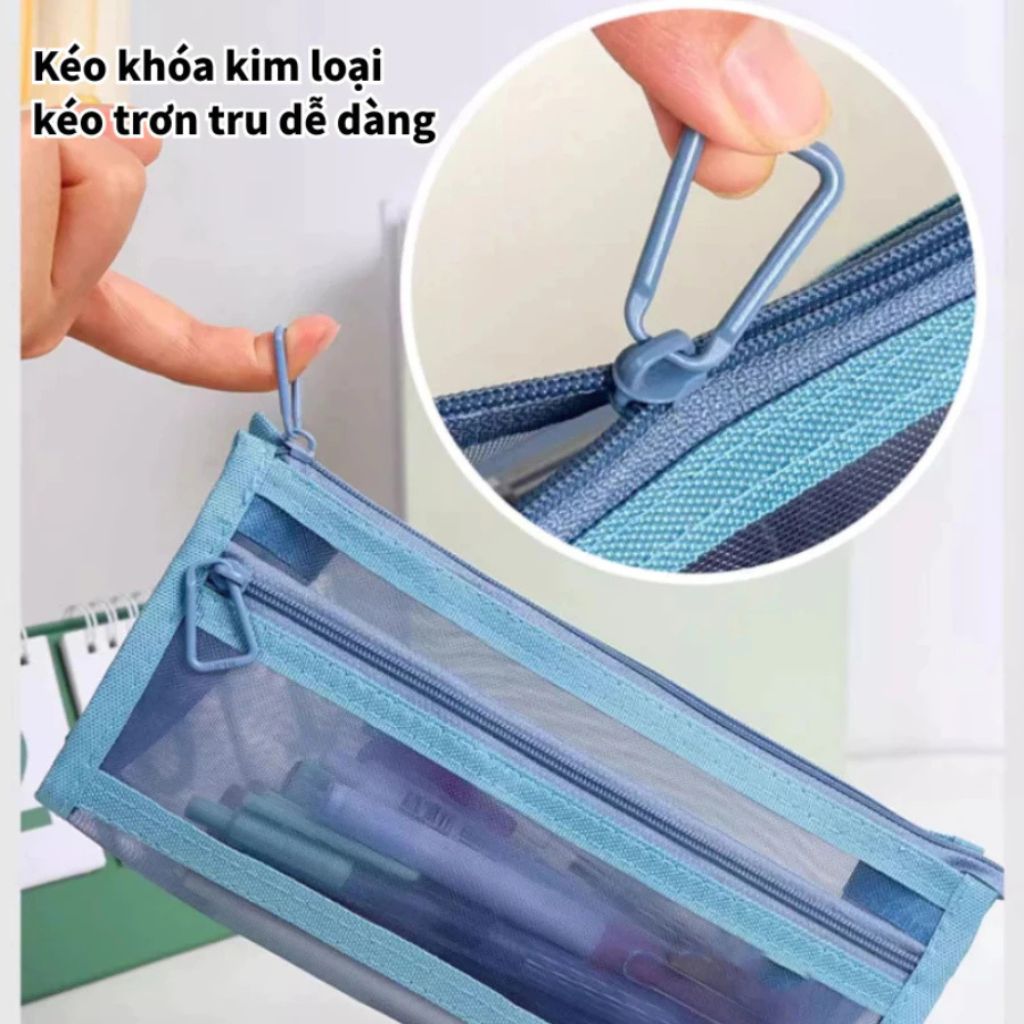 Túi bút lưới trong suốt MOCA 2 ngăn dung tích lớn cho học sinh - Ảnh 4