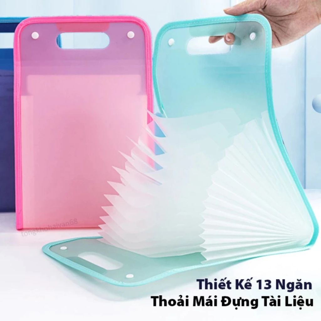 Túi đựng tài liệu 13 ngăn A4 màu pastel, file cặp đựng giấy tờ học tập văn phòng