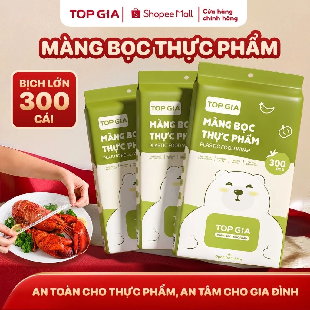 Túi màng bọc thực phẩm PE dạng rút TopGia 300 cái có chun co giãn siêu dai