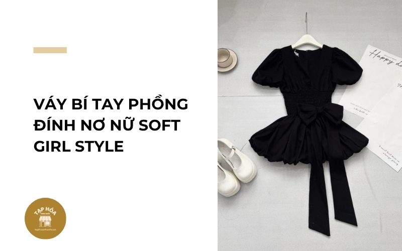 Váy bí tay phồng đính nơ nữ Soft Girl style