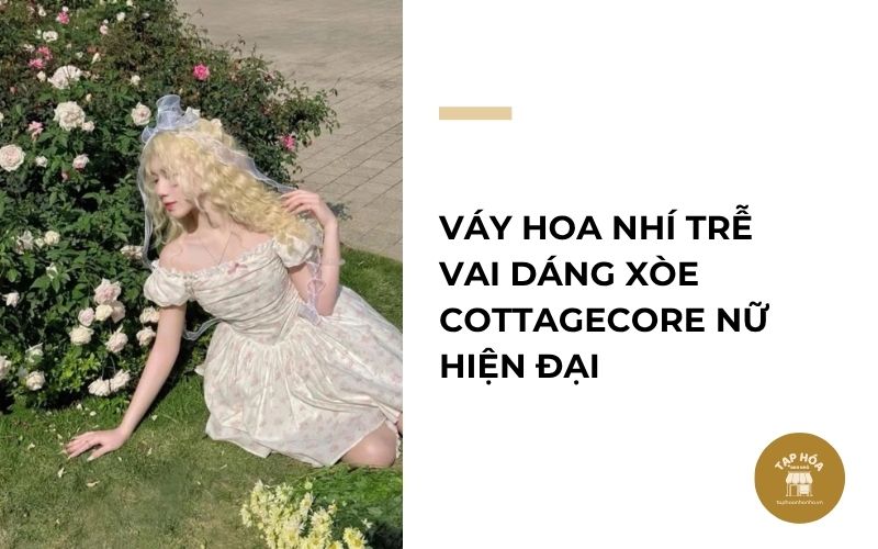 Váy hoa nhí trễ vai dáng xòe Cottagecore nữ hiện đại