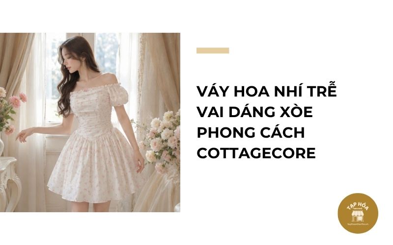 Váy hoa nhí trễ vai dáng xòe phong cách Cottagecore