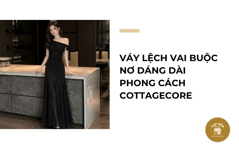 Váy lệch vai buộc nơ dáng dài phong cách Cottagecore