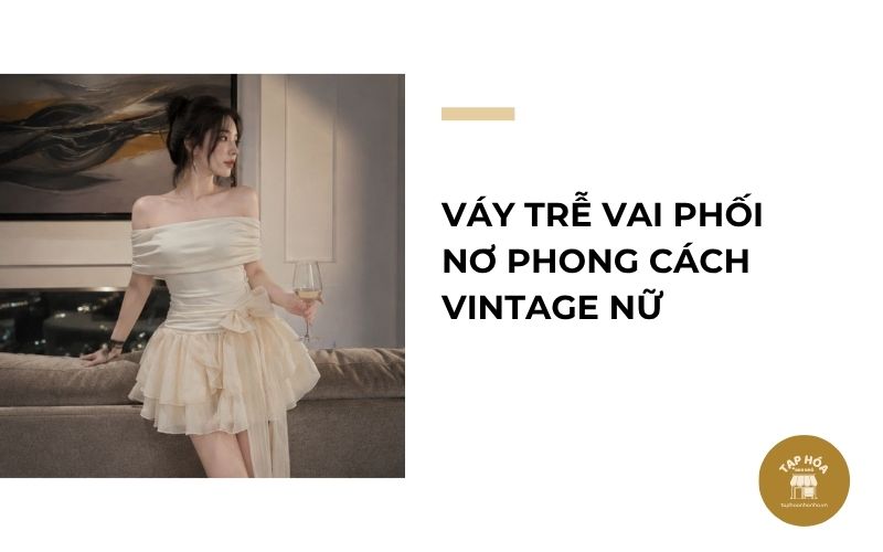 Váy trễ vai phối nơ phong cách vintage nữ