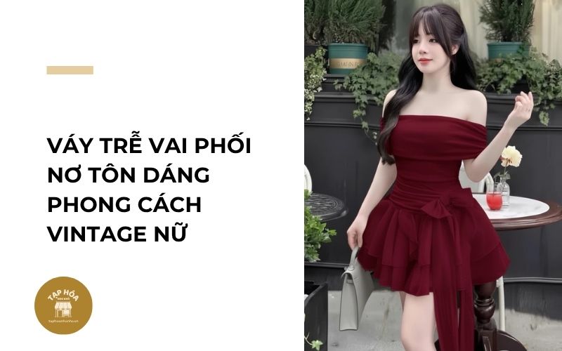 Váy trễ vai phối nơ tôn dáng phong cách vintage nữ